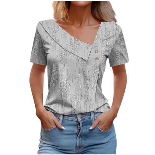 Oberteile Damen Tshirt Elegant Sommer Tunika Shirt Casual Lose Kurzarm Blusen Tops Mode Farbblock Longshirt Lässiges V-Ausschnitt Sommershirts Leicht Vintage Blusenshirt Bequeme Oberteil von EMATOP