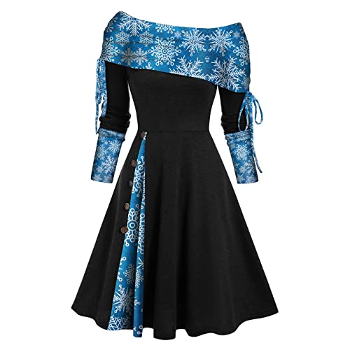 Retro Weihnachtskleid Damen Langarm Rockabilly Kleid Sexy Schulterfrei Cocktailkleid Hohe Taille Elegant Partykleid Kariertes A Linie Kleider Schneeflocke Muster Ballkleid Faltenrock von EMATOP