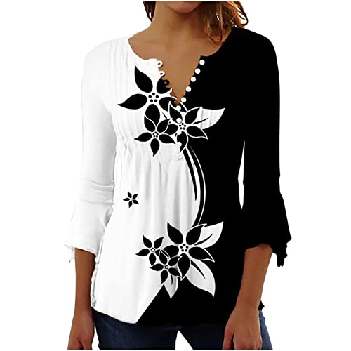 Sale Angebote Falten Longshirt Damen 3/4 Arm Elegant T-Shirt Lässig V-Ausschnitt Tunika Shirt Locker Baumwolle Oberteile Sommer Sport Bluse Tops Blumen Sommershirts Sportshirt von EMATOP