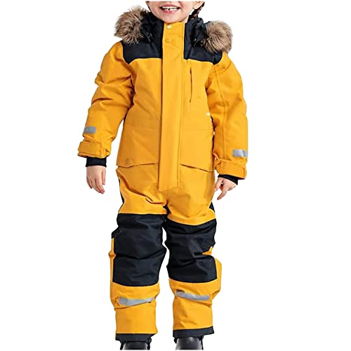 Schneeanzug Kinder Jungen Skianzug Einteilige Thermo Skioverall Winter Warm Schneeoverall Wasserdicht Winddicht Winteranzug mit Abnehmbarer Kapuze Matschanzug Outdoor Softshellanzug (Gelb, 110) von EMATOP