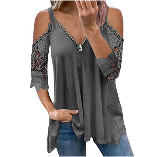 Sexy Oberteil Damen Kurzarm T-Shirt Sommer Schulterfrei Bluse Top V-Ausschnitt Reißverschluss Tunika Blusenshirt mit Spitze Ärmel Longshirt Mode Einfarbig Tshirt Elegant Falten Streetwear von EMATOP