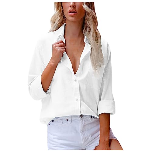 Sommer Leinenbluse Damen Casual Tunika Tops Leinen Einfarbig Hemdbluse Elegant Langarm Hemd Longbluse Vintage Leicht Oberteile V-Ausschnitt Knopfleiste Bluse T-Shirt Teenager Mädchen von EMATOP