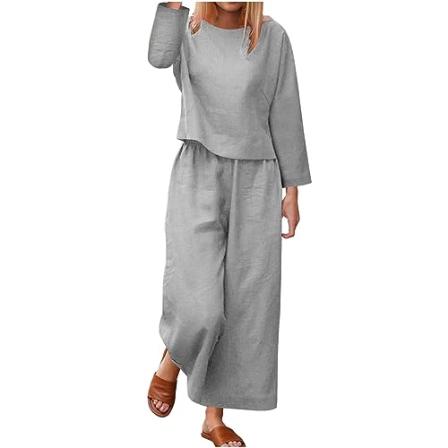 Sommer Outfits Damen Baumwolle Leinen Jogginganzug Casual Einfarbig Hosenanzug Elegant Lang Tracksuit Sport Leicht Leinenanzug Zweiteiler Oberteil Tshirt Hose Sportanzug angebote des tages heute von EMATOP