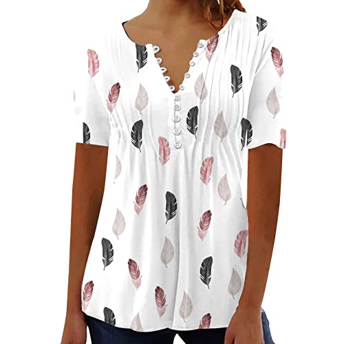 Sommer Tunika Tshirt Damen Elegant V-Ausschnitt Plissee Shirt Lässige Lose Kurzarm Tops Baumwolle Vintage Bluse Longshirt Feder Druck Sommershirts Oberteile alle Angebote von EMATOP