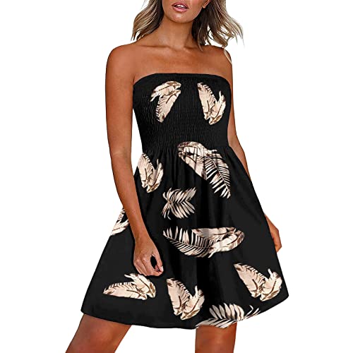 Sommerkleid Damen Kurz Boho Kleid Sexy Bandeau Strandkleid Ärmellos Trägerlos Minikleid Knielang Partykleid Lässig Lose A Linie Kleider Feder Muster Freizeitkleid Hohe Taille Cocktailkleid von EMATOP