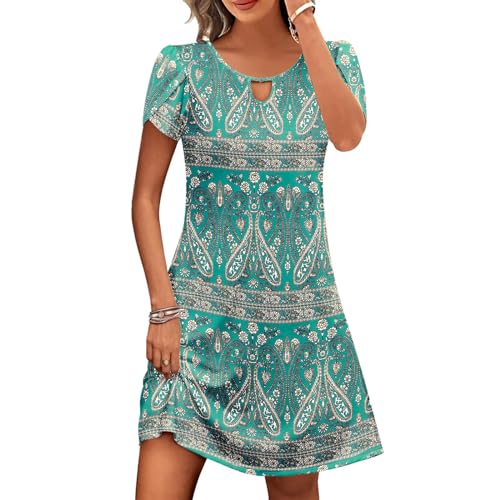 Sommerkleid Damen Leicht Kurzarm Kleid Casual Rundhals Minikleid Knielang T-Shirt Kleider Baumwolle Elegant Blusenkleid Blumen Boho Strandkleider Kurz Partykleid Angebote des Tages Heute Deal von EMATOP