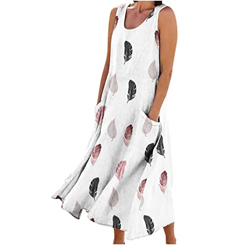 Tunika Kleider Damen Baumwolle Sommerkleid Elegant Boho A Linie Kleid Casual Rundhals Strandkleid Ärmellos T-Shirt Freizeitkleid Knielang Minikleid Streifen Wickelkleid Taschen Leinenkleid von EMATOP