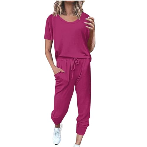 angebote des tages heute deal Traingsanzug Damen Zweiteilige Sport Freizeitanzug Sommer Lose Jogginganzug Kurzarm Top und Hose Sportanzug Baumwolle Leicht Hausanzug Lässig Einfarbig Schlafanzug von EMATOP