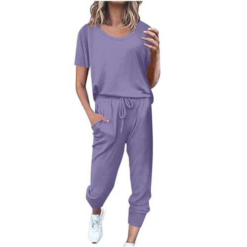 befristetes angebot des tages Traingsanzug Damen Zweiteilige Sport Freizeitanzug Sommer Lose Jogginganzug Kurzarm Top und Hose Sportanzug Baumwolle Leicht Hausanzug Lässig Einfarbig Schlafanzug von EMATOP