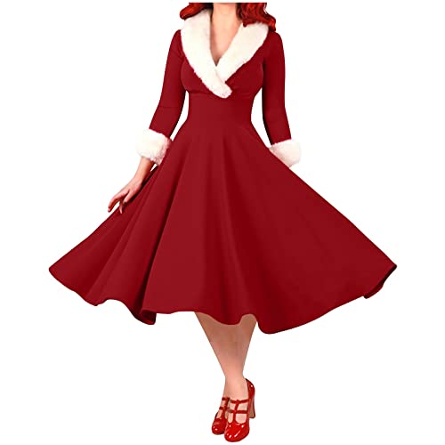 blitzangebote Weihnachtskleid Damen Elegant A Linie Kleid Vintage Langarm Cocktailkleid Sexy V-Ausschnitt Weihnachtlich Partykleid Vintage Festliche Kleider Abendkleid von EMATOP