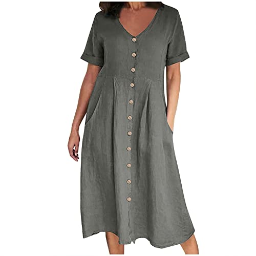 tagesangebote Heute T-Shirt Kleid Damen Leinen Kurzarm Sommerkleid Casual Baumwolle Strandkleid Knielanges Midikleid Elegant V-Ausschnitt Freizeitkleid Große Größen Urlaubskleid von EMATOP