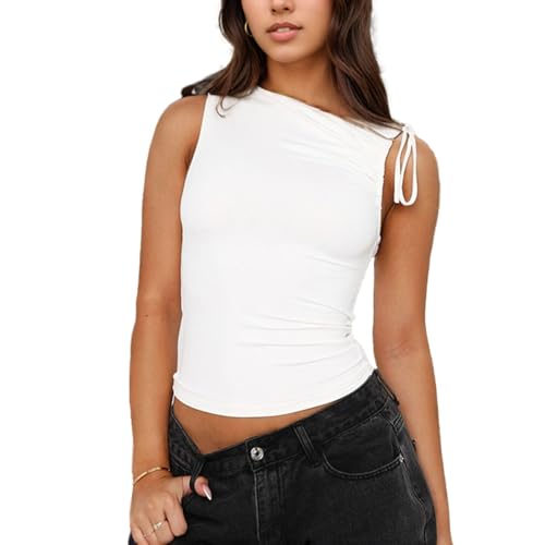 EMOTTOS Damen Asymmetrische Oberteil, Sexy Y2K Ärmellose Verstellbaren Riemen Plissee Tank Top, Slim Fit Schulterfreie T-Shirt, Enges Crop Tops für Party Clubbing, Weiß, S EMOTTOS Damen Asymmetrische Oberteil, Sexy Y2K Ärmellose Verstellbaren Riemen Plissee Tank Top, Slim Fit Schulterfreie T-Shirt, Enges Crop Tops für Party Clubbing, Weiß, S von EMOTTOS