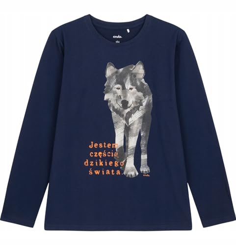 ENDO Jungen T-Shirt mit Langen Ärmeln Wandernder Wolf Marineblau Wildtiere Baumwolle 158 von ENDO