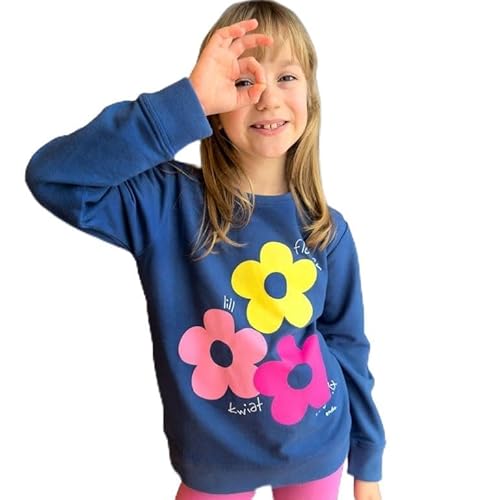 ENDO Kinder Mädchen Baumwoll-Sweatshirt Happy Flowers Marineblau Größe 116 Blumen Pullover Für Kinder Langarmshirt von ENDO