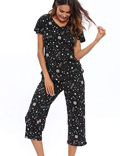 ENJOYNIGHT Schlafanzug Damen Kurz Pyjama Set Kurzarm Top mit 3/4 Lang Schlafhose Zweiteiliger Nachtwäsche S-3XL (X-Large,Mondstern) von ENJOYNIGHT