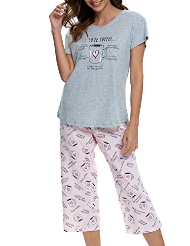 ENJOYNIGHT Schlafanzug Damen Kurz Pyjama Set Kurzarm Top mit 3/4 Lang Schlafhose Zweiteiliger Nachtwäsche S-3XL (Small,Herz Tasse) von ENJOYNIGHT