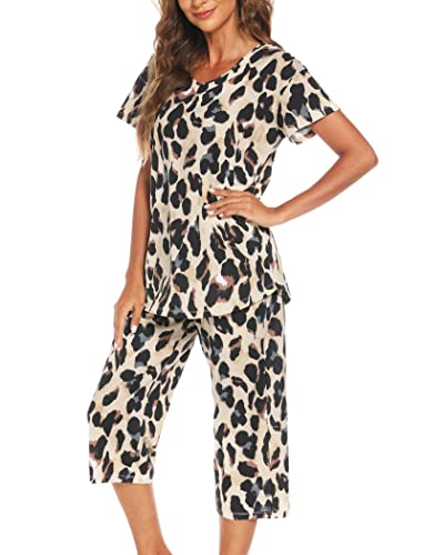 ENJOYNIGHT Damen Schlafanzug Baumwolle Sommer Kurz Pyjama Set Kurzarm Shirt mit 3/4 Lange Capri Hose Nachtwäsche (3X-Large,Leichter Leopard) von ENJOYNIGHT