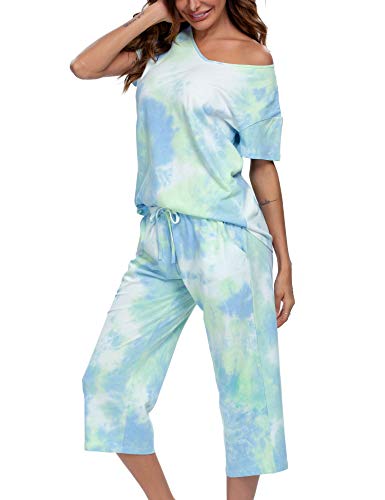 ENJOYNIGHT Damen Schlafanzug Baumwolle Sommer Kurz Pyjama Set Kurzarm Shirt mit 3/4 Lange Capri Hose Nachtwäsche (Large,Blau-Tie dye) von ENJOYNIGHT