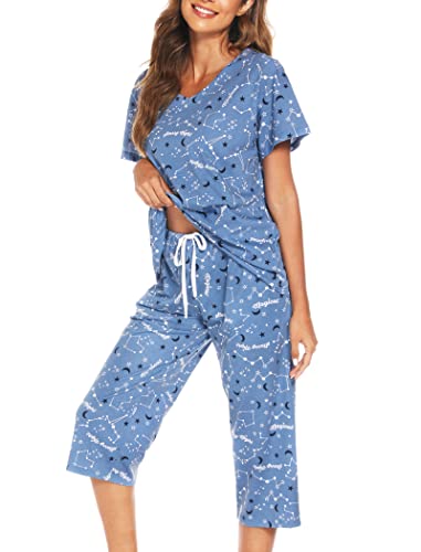 ENJOYNIGHT Damen Schlafanzug Baumwolle Sommer Kurz Pyjama Set Kurzarm Shirt mit 3/4 Lange Capri Hose Nachtwäsche (X-Large,Blauer Mondstern) von ENJOYNIGHT