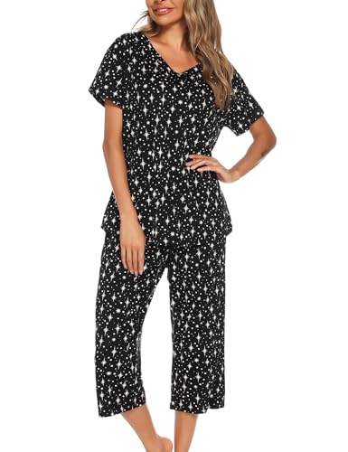 ENJOYNIGHT Schlafanzug Damen Kurz Pyjama Set Baumwolle Nachtwäsche Kurzarm-Top und 3/4 Lange Hose Hausanzug Sommer Sleepwear (3X-Large,Schwarze Stern) von ENJOYNIGHT