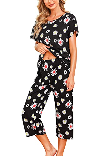 ENJOYNIGHT Schlafanzug Damen Kurz Pyjama Set Baumwolle Nachtwäsche Kurzarm-Top und 3/4 Lange Hose Hausanzug Sommer Sleepwear (Large,Schwarze Blume) von ENJOYNIGHT