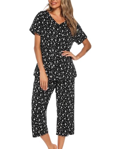 ENJOYNIGHT Schlafanzug Damen Kurz Pyjama Set Baumwolle Nachtwäsche Kurzarm-Top und 3/4 Lange Hose Hausanzug Sommer Sleepwear (Large,Schwarze Stern) von ENJOYNIGHT