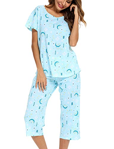 ENJOYNIGHT Schlafanzug Damen Kurz Pyjama Set Baumwolle Nachtwäsche Kurzarm-Top und 3/4 Lange Hose Hausanzug Sommer Sleepwear (Medium,Blauer Mond) von ENJOYNIGHT