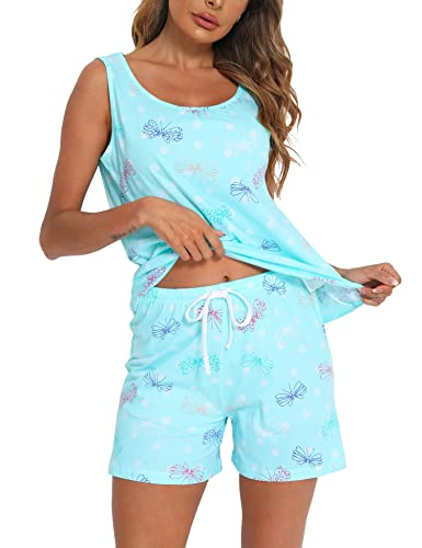 ENJOYNIGHT Damen Schlafanzug Kurz Sommer Pyjama Set Ärmellos Top und Shorts Nachtwäsche Frauen Baumwolle Hausanzug (Small,Blauer Schmetterling) von ENJOYNIGHT