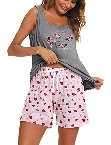 ENJOYNIGHT Damen Schlafanzug Kurz Sommer Pyjama Set Ärmellos Top und Shorts Nachtwäsche Frauen Baumwolle Hausanzug (3X-Large,Grauer Marienkäfer) von ENJOYNIGHT