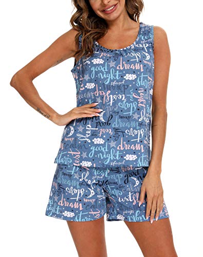 ENJOYNIGHT Damen Schlafanzug Kurz Sommer Pyjama Set Ärmellos Top und Shorts Nachtwäsche Frauen Baumwolle Hausanzug (XX-Large,Blauer Buchstabe) von ENJOYNIGHT