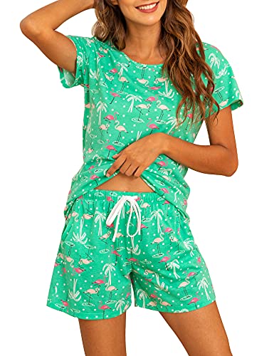 ENJOYNIGHT Schlafanzug Damen Kurz Pyjama Set Baumwolle Kurzarm Top und Kurze Hose Zweiteiliger Nachtwäsche Sommer Hausanzug Loungewear (Small,Grüner Flamingo) von ENJOYNIGHT