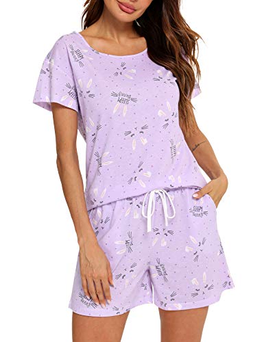 ENJOYNIGHT Schlafanzug Damen Kurz Pyjama Set Baumwolle Kurzarm Top und Kurze Hose Zweiteiliger Nachtwäsche Sommer Hausanzug Loungewear (XX-Large,Lila Häschen) von ENJOYNIGHT