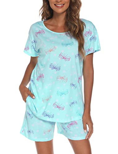 ENJOYNIGHT Schlafanzug Damen Kurz Pyjama Set Baumwolle Kurzarm Top und Kurze Hose Zweiteiliger Nachtwäsche Sommer Hausanzug Loungewear (XX-Large,Blauer Schmetterling) von ENJOYNIGHT