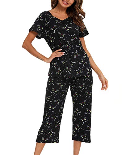 ENJOYNIGHT Schlafanzug Damen Kurz Pyjama Set Baumwolle Nachtwäsche Kurzarm-Top und 3/4 Lange Hose Hausanzug Sommer Sleepwear (Medium,Schwarze Katze) von ENJOYNIGHT