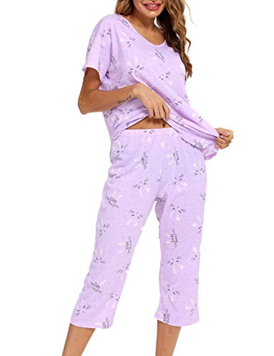 ENJOYNIGHT Schlafanzug Damen Kurz Pyjama Set Baumwolle Nachtwäsche Kurzarm-Top und 3/4 Lange Hose Hausanzug Sommer Sleepwear (X-Large,Lila Häschen) von ENJOYNIGHT