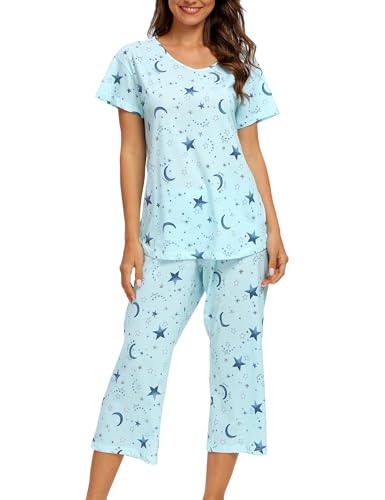 ENJOYNIGHT Schlafanzug Damen Kurz Pyjama Set Baumwolle Nachtwäsche Kurzarm-Top und 3/4 Lange Hose Hausanzug Sommer Sleepwear (X-Large,Blaue Sterne) von ENJOYNIGHT