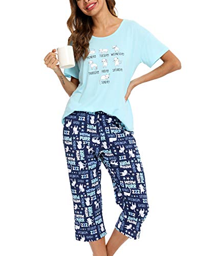 ENJOYNIGHT Schlafanzug Damen Kurz Pyjama Set Baumwolle Nachtwäsche Kurzarm-Top und 3/4 Lange Hose Hausanzug Sommer Sleepwear (XX-Large,Weiße Katze) von ENJOYNIGHT