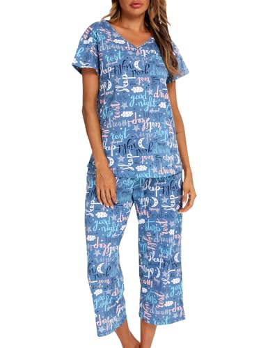 ENJOYNIGHT Schlafanzug Damen Kurz Pyjama Set Baumwolle Nachtwäsche Kurzarm-Top und 3/4 Lange Hose Hausanzug Sommer Sleepwear (Medium,Blau) von ENJOYNIGHT