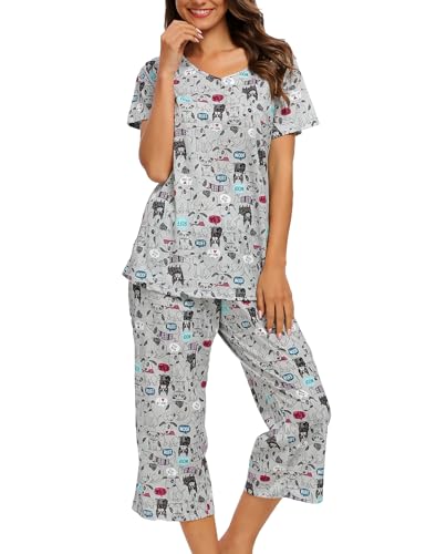 ENJOYNIGHT Schlafanzug Damen Kurz Pyjama Set Baumwolle Nachtwäsche Kurzarm-Top und 3/4 Lange Hose Hausanzug Sommer Sleepwear (Medium,Grauer Hund) von ENJOYNIGHT