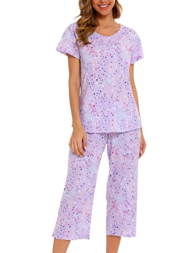 ENJOYNIGHT Schlafanzug Damen Kurz Pyjama Set Baumwolle Nachtwäsche Kurzarm-Top und 3/4 Lange Hose Hausanzug Sommer Sleepwear (Medium,Lila) von ENJOYNIGHT