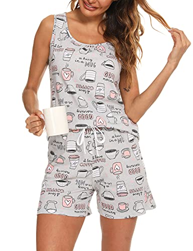 ENJOYNIGHT Damen Schlafanzug Kurz Sommer Pyjama Set Ärmellos Top und Shorts Nachtwäsche Frauen Baumwolle Hausanzug (3X-Large,Graue Kaffeetasse) von ENJOYNIGHT