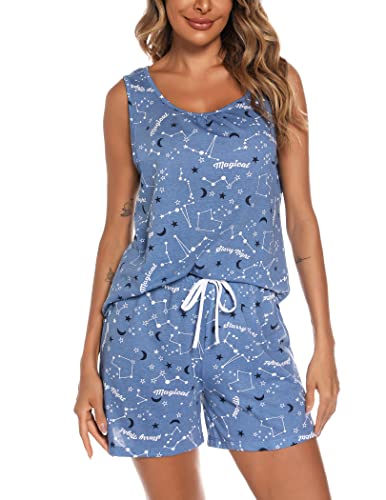 ENJOYNIGHT Damen Schlafanzug Kurz Sommer Pyjama Set Ärmellos Top und Shorts Nachtwäsche Frauen Baumwolle Hausanzug (Medium,Stern) von ENJOYNIGHT