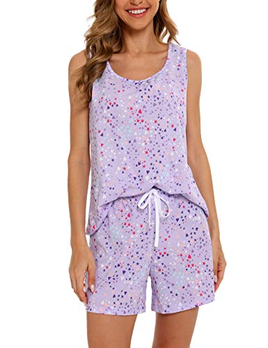 ENJOYNIGHT Damen Schlafanzug Kurz Sommer Pyjama Set Ärmellos Top und Shorts Nachtwäsche Frauen Baumwolle Hausanzug (X-Large,Lila) von ENJOYNIGHT
