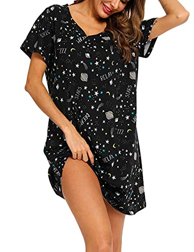 ENJOYNIGHT Damen Nachthemd Baumwolle Kurzarm Schlafhemd T-Shirt Schlafshirt Sommer Nachtwäsche für Lounge (XX-Large,Mondstern) von ENJOYNIGHT