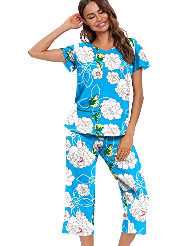 ENJOYNIGHT Schlafanzug Damen Kurz Pyjama Set Kurzarm Top und 3/4 Lange Hose Nachtwäsche (Medium,Blaue Blume) von ENJOYNIGHT