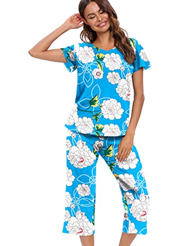 ENJOYNIGHT Schlafanzug Damen Kurz Pyjama Set Kurzarm Top und 3/4 Lange Hose Nachtwäsche (XX-Large,Blaue Blume) von ENJOYNIGHT