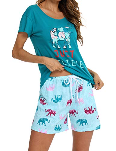 ENJOYNIGHT Schlafanzug Damen Kurz Pyjama Set Baumwolle Kurzarm Top und Kurze Hose Zweiteiliger Nachtwäsche Sommer Hausanzug Loungewear (Large,Grüner Elefant) von ENJOYNIGHT