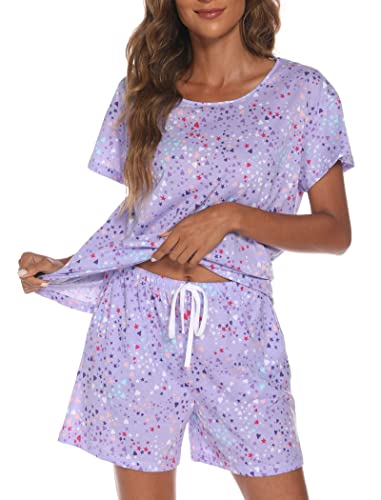 ENJOYNIGHT Schlafanzug Damen Kurz Pyjama Set Baumwolle Kurzarm Top und Kurze Hose Zweiteiliger Nachtwäsche Sommer Hausanzug Loungewear (Large,Lila) von ENJOYNIGHT