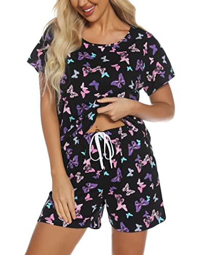 ENJOYNIGHT Schlafanzug Damen Kurz Pyjama Set Baumwolle Kurzarm Top und Kurze Hose Zweiteiliger Nachtwäsche Sommer Hausanzug Loungewear (Large,Schwarzer Schmetterling) von ENJOYNIGHT