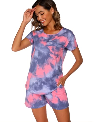 ENJOYNIGHT Schlafanzug Damen Kurz Pyjama Set Baumwolle Kurzarm Top und Kurze Hose Zweiteiliger Nachtwäsche Sommer Hausanzug Loungewear (Medium,Blau Rosa) von ENJOYNIGHT